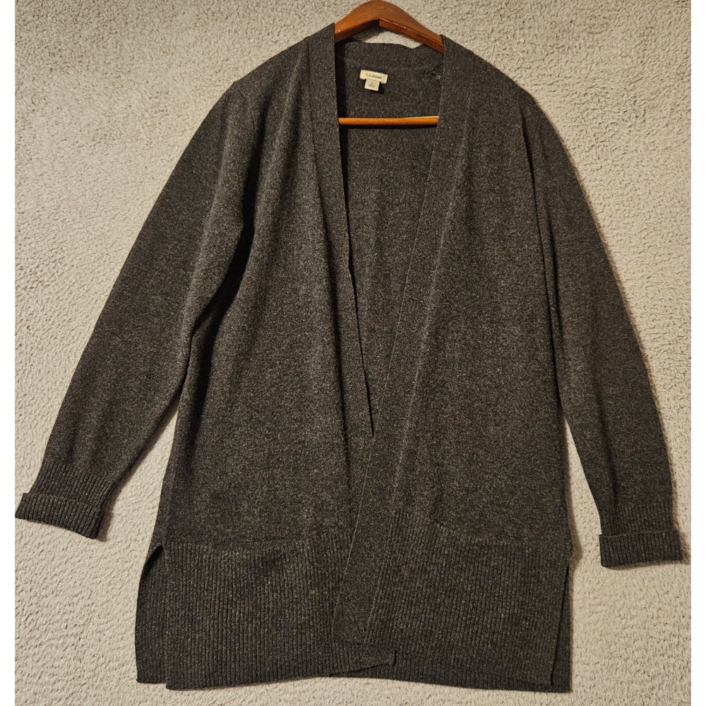 LL Bean Womens 100% Cashmere Open Front Cardigan Sweater Gray Large 503632